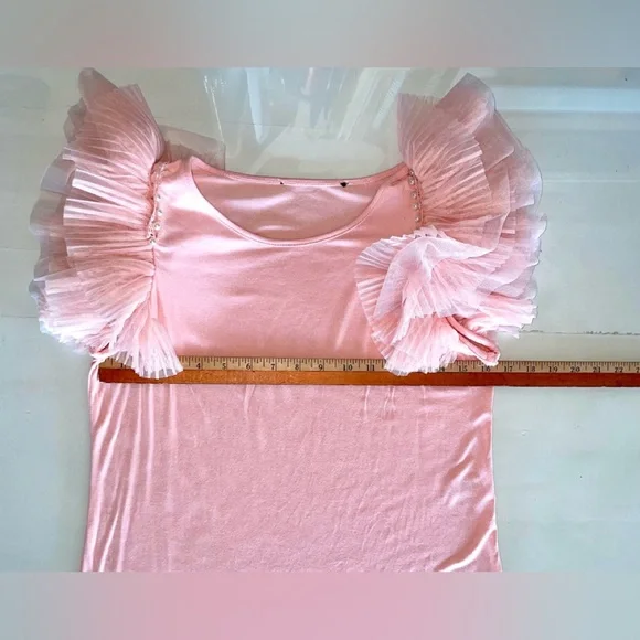 LAST SALE PRICE TOP FROTHY PLEATED LAYERS TULLE SLEEVE ROSE SIZE SMALL STRETCH - Picture 11 of 13